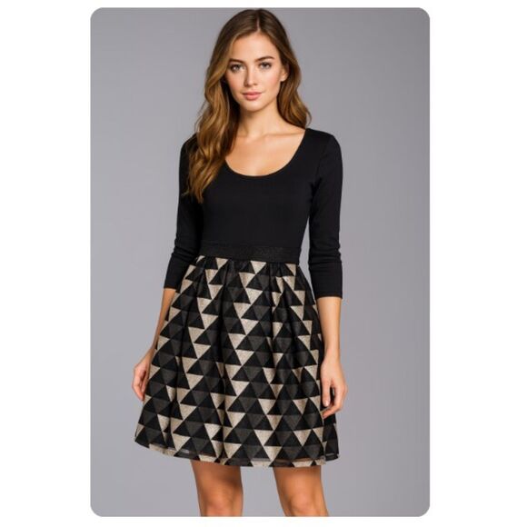 Anthropologie Plenty by Tracy Reese Black Fit Flare Dress Gold Metallic 6 P - Picture 1 of 6